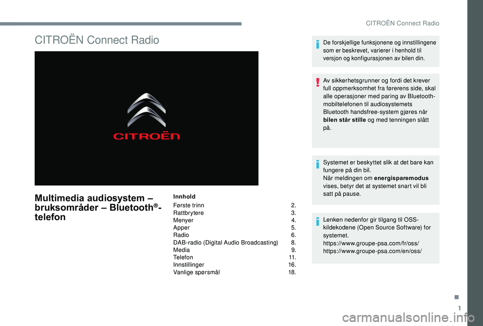 CITROEN C3 AIRCROSS 2019  InstruksjonsbØker (in Norwegian) 1
CITROËN Connect Radio
Multimedia audiosystem – 
bruksområder – Bluetooth®-
telefon
Innhold
Første trinn
 
2
 .
Rattbrytere
 

3.
Menyer
  4.
Apper
 

5.
Radio
 6.
D

AB-radio (Digital Audio 