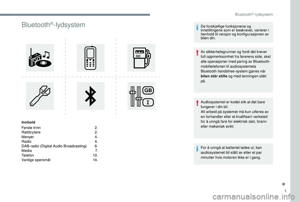 CITROEN C3 AIRCROSS 2019 InstruksjonsbØker (in Norwegian) 1
Bluetooth®-lydsystem
Innhold
Første trinn
2
.
Rattbrytere
2.
Menyer
4.
Radio
4.
DAB-radio (Digital Audio Broadcasting)
6
.
M e d i a
7.
Telefon
1
0.
Vanlige spørsmål
1
4. De fo CITROEN C3 AIRCROSS 2019 InstruksjonsbØker (in Norwegian) 1
Bluetooth®-lydsystem
Innhold
Første trinn
2
.
Rattbrytere
2.
Menyer
4.
Radio
4.
DAB-radio (Digital Audio Broadcasting)
6
.
M e d i a
7.
Telefon
1
0.
Vanlige spørsmål
1
4. De fo