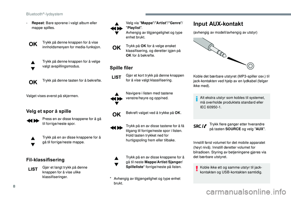CITROEN C3 AIRCROSS 2019 InstruksjonsbØker (in Norwegian) 8
- Repeat: Bare sporene i valgt album eller
mappe spilles.
Trykk på denne knappen for å vise
innholdsmenyen for media-funksjon.
Trykk på denne knappen for å velge
valgt avspillingsmodus.
Trykk CITROEN C3 AIRCROSS 2019 InstruksjonsbØker (in Norwegian) 8
- Repeat: Bare sporene i valgt album eller
mappe spilles.
Trykk på denne knappen for å vise
innholdsmenyen for media-funksjon.
Trykk på denne knappen for å velge
valgt avspillingsmodus.
Trykk