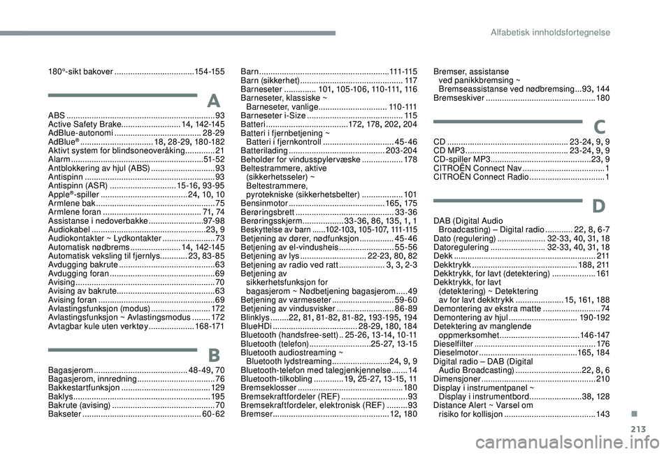 CITROEN C3 AIRCROSS 2019 InstruksjonsbØker (in Norwegian) 213
180°-sikt bakover ................................... 15 4 -15 5
AABS ................................................................. 93
Active Safety Brake.......................... 14, 142-14 CITROEN C3 AIRCROSS 2019 InstruksjonsbØker (in Norwegian) 213
180°-sikt bakover ................................... 15 4 -15 5
AABS ................................................................. 93
Active Safety Brake.......................... 14, 142-14