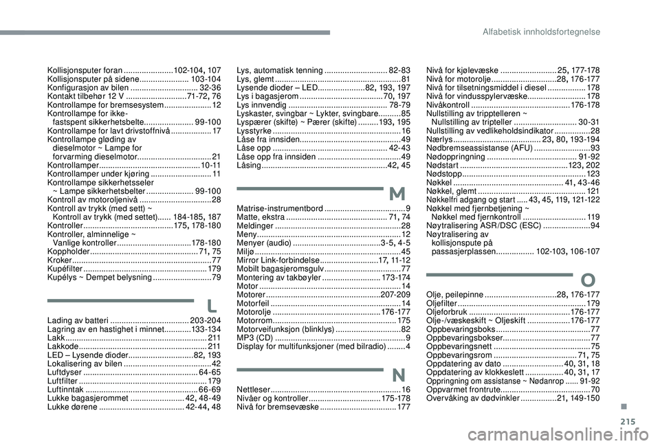 CITROEN C3 AIRCROSS 2019 InstruksjonsbØker (in Norwegian) 215
Kollisjonsputer foran ......................10 2-104, 107
Kollisjonsputer på sidene ......................103 -104
Konfigurasjon av bilen
..............................32-36
Kontakt tilbehør CITROEN C3 AIRCROSS 2019 InstruksjonsbØker (in Norwegian) 215
Kollisjonsputer foran ......................10 2-104, 107
Kollisjonsputer på sidene ......................103 -104
Konfigurasjon av bilen
..............................32-36
Kontakt tilbehør