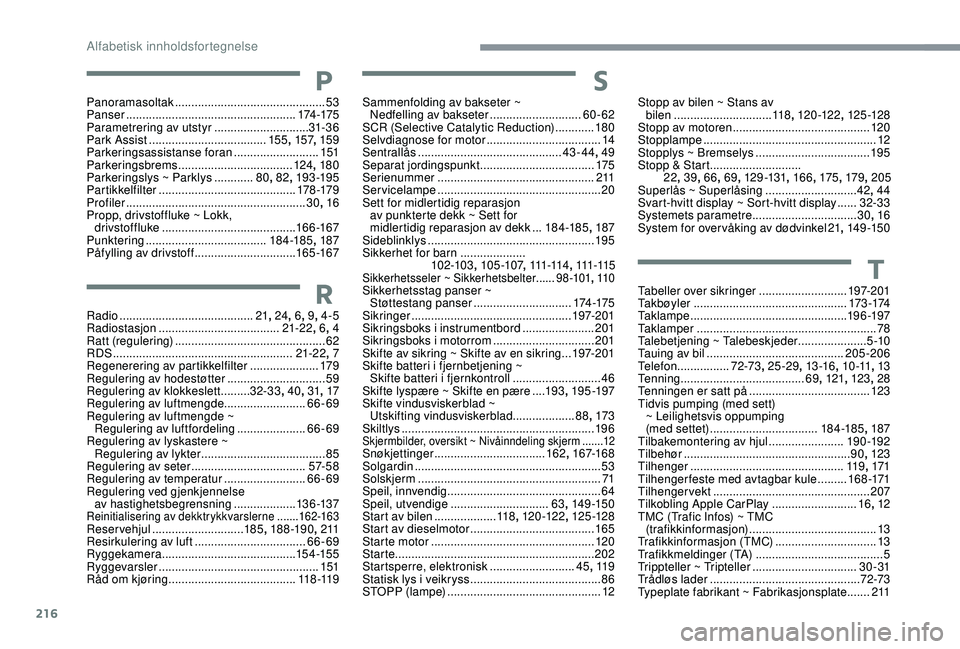 CITROEN C3 AIRCROSS 2019 InstruksjonsbØker (in Norwegian) 216
PPanoramasoltak .............................................. 53
Panser .................................................... 174 -175
Parametrering av utstyr
............................. 31
- CITROEN C3 AIRCROSS 2019 InstruksjonsbØker (in Norwegian) 216
PPanoramasoltak .............................................. 53
Panser .................................................... 174 -175
Parametrering av utstyr
............................. 31
-
