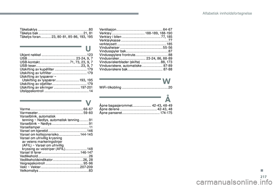 CITROEN C3 AIRCROSS 2019 InstruksjonsbØker (in Norwegian) 217
Tåkebaklys ...................................................... 80
Tåkelys bak ............................................... 21, 81
Tåkelys foran
........... 23,
80 - 81, 85-86 , 193, 1 CITROEN C3 AIRCROSS 2019 InstruksjonsbØker (in Norwegian) 217
Tåkebaklys ...................................................... 80
Tåkelys bak ............................................... 21, 81
Tåkelys foran
........... 23,
80 - 81, 85-86 , 193, 1