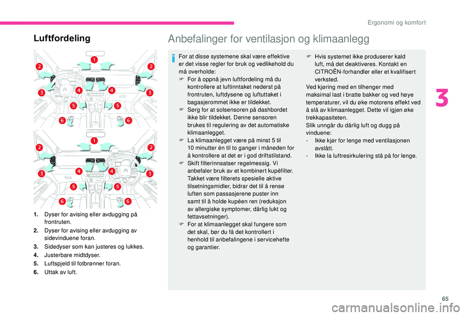 CITROEN C3 AIRCROSS 2019 InstruksjonsbØker (in Norwegian) 65
LuftfordelingAnbefalinger for ventilasjon og klimaanlegg
For at disse systemene skal være effektive
er det visse regler for bruk og vedlikehold du
må overholde:
F
F
or å oppnå jevn luftford CITROEN C3 AIRCROSS 2019 InstruksjonsbØker (in Norwegian) 65
LuftfordelingAnbefalinger for ventilasjon og klimaanlegg
For at disse systemene skal være effektive
er det visse regler for bruk og vedlikehold du
må overholde:
F
F
or å oppnå jevn luftford
