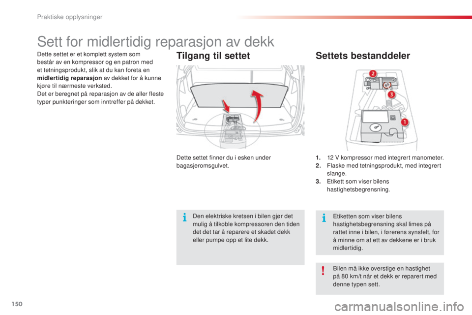 CITROEN C3 PICASSO 2015  InstruksjonsbØker (in Norwegian) 150
C3Picasso_no_Chap11_informations-pratiques_ed01-2014
Settets bestanddeler
1. 12  V kompressor med integrert manometer.
2. F laske med tetningsprodukt, med integrert 
slange.
3.
 E

tikett som vise