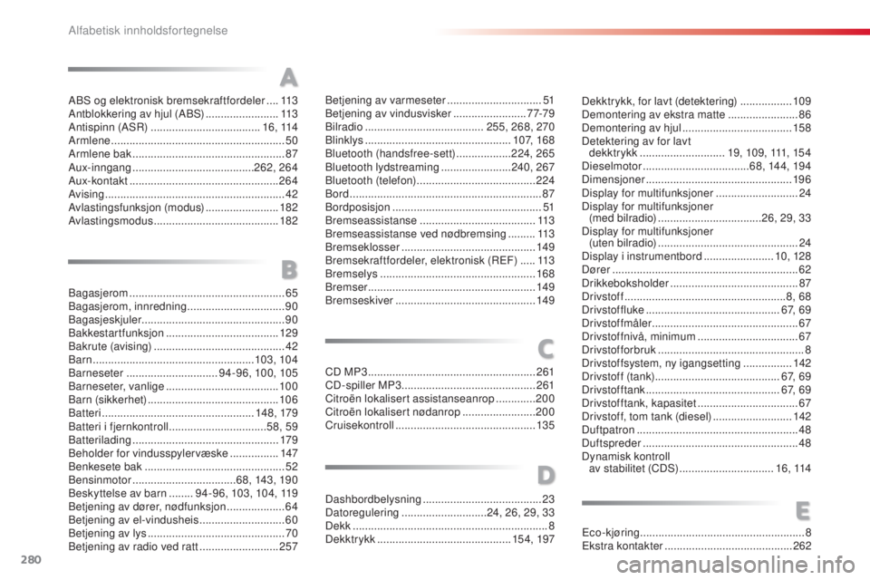 CITROEN C3 PICASSO 2015  InstruksjonsbØker (in Norwegian) 280
C3Picasso_no_Chap15_index-alpha_ed01-2014
Abs og elektronisk bremsekraftfordeler ....11 3
Antblokkering av hjul (Ab s)   ........................113
Antispinn (A
s

r
) ...........................