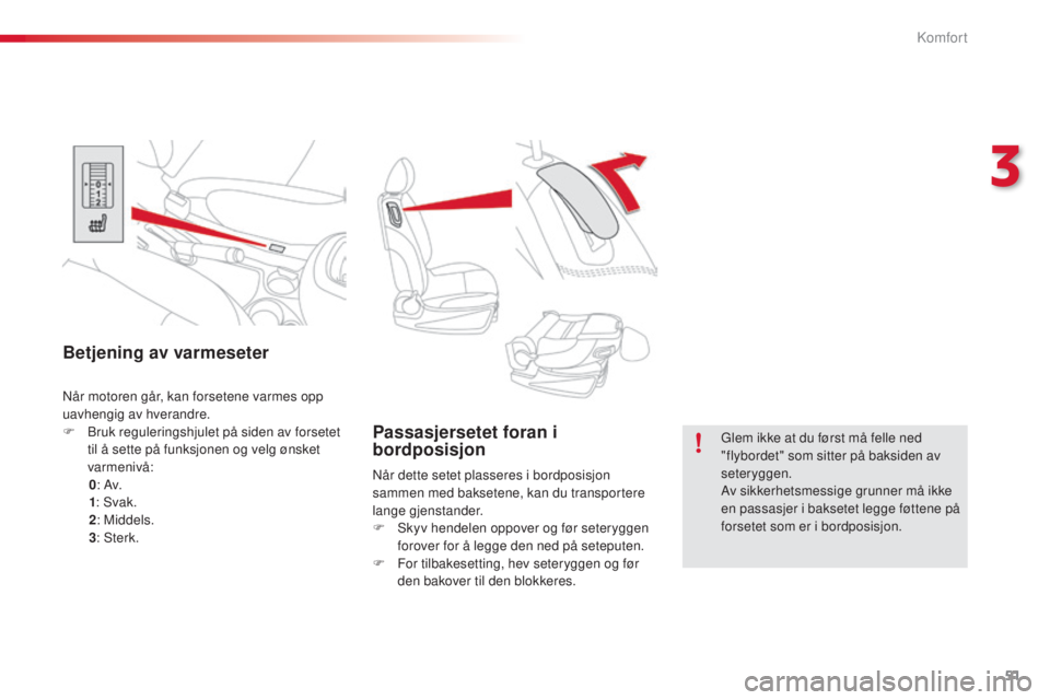CITROEN C3 PICASSO 2015  InstruksjonsbØker (in Norwegian) 51
C3Picasso_no_Chap03_confort_ed01-2014
Passasjersetet foran i 
bordposisjon
når dette setet plasseres i bordposisjon 
sammen med baksetene, kan du transportere 
lange gjenstander.
F  s
k
 yv hendel