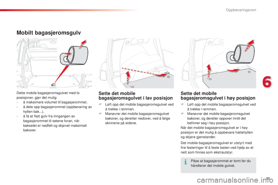 CITROEN C3 PICASSO 2015 InstruksjonsbØker (in Norwegian) 91
C3Picasso_no_Chap06_amenagement_ed01-2014
Mobilt bagasjeromsgulv
Dette mobile bagasjeromsgulvet med to
posisjoner, gjør det mulig:
-
å m
aksimere volumet til bagasjerommet,
-
å d
ele opp b CITROEN C3 PICASSO 2015 InstruksjonsbØker (in Norwegian) 91
C3Picasso_no_Chap06_amenagement_ed01-2014
Mobilt bagasjeromsgulv
Dette mobile bagasjeromsgulvet med to
posisjoner, gjør det mulig:
-
å m
aksimere volumet til bagasjerommet,
-
å d
ele opp b