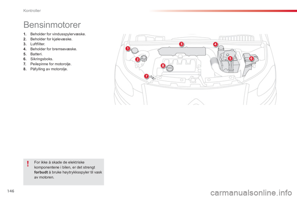 CITROEN C3 PICASSO 2014  InstruksjonsbØker (in Norwegian) Kontroller
146
   
 
 
 
 
 
 
 
 
 
 
 
 
 
Bensinmotorer 
 
 
 
1. 
  Beholder for vindusspylervæske. 
   
2. 
  Beholder for kjølevæske. 
   
3. 
 Luftfilter. 
   
4. 
  Beholder for bremsevæsk