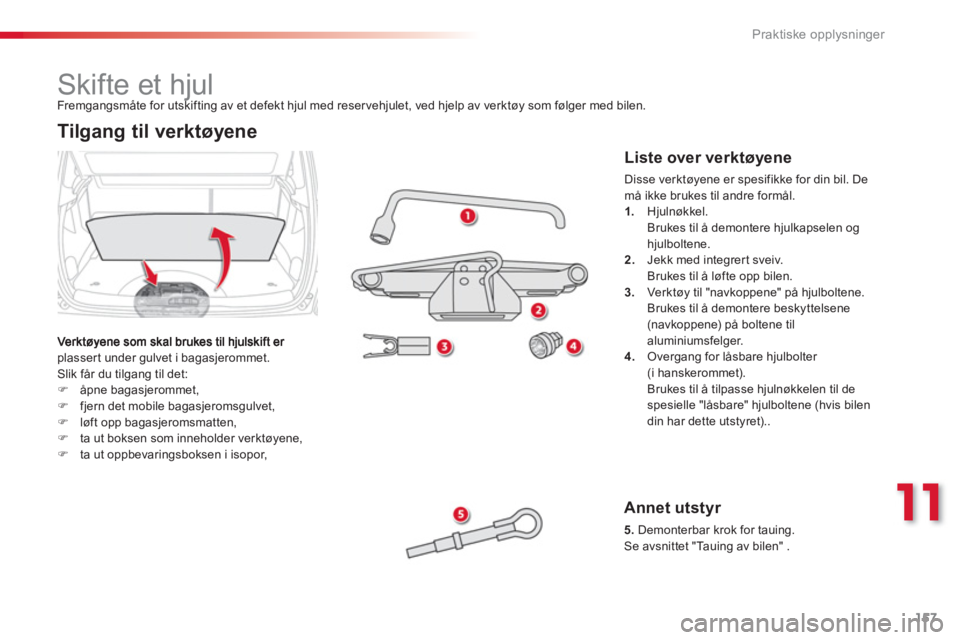 CITROEN C3 PICASSO 2014  InstruksjonsbØker (in Norwegian) 11
Praktiske opplysninger
157
   
 
 
 
 
 
 
 
 
 
 
 
 
 
Skifte et hjul 
plassert under gulvet i bagasjerommet. 
  Slik får du tilgang til det: �)åpne bagasjerommet, �)fjern det mobile bagasjerom