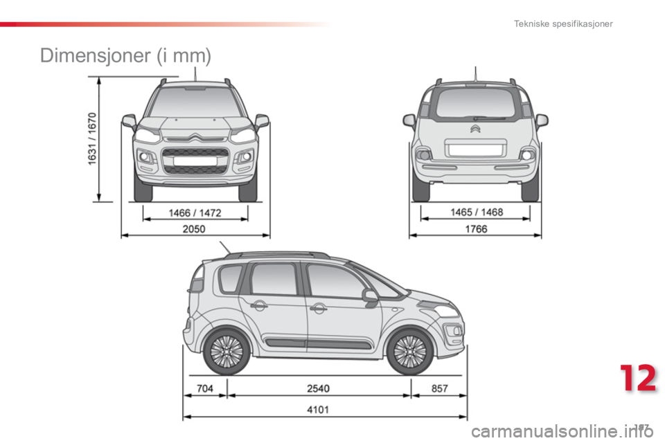 CITROEN C3 PICASSO 2014 InstruksjonsbØker (in Norwegian) 12
Tekniske spesifikasjoner
197
Dimensjoner (i mm) CITROEN C3 PICASSO 2014 InstruksjonsbØker (in Norwegian) 12
Tekniske spesifikasjoner
197
Dimensjoner (i mm)