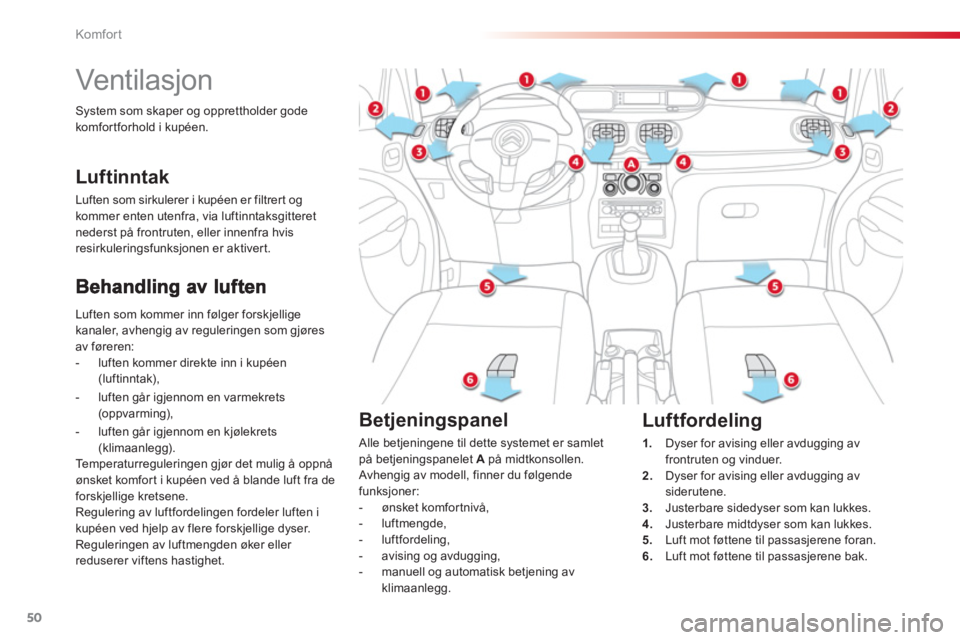 CITROEN C3 PICASSO 2014 InstruksjonsbØker (in Norwegian) Komfor t
50
Vent ilasjon
Luften som kommer inn følger forskjellige
kanaler, avhengig av reguleringen som gjøres
av føreren:
- luften kommer direkte inn i kupéen
( CITROEN C3 PICASSO 2014 InstruksjonsbØker (in Norwegian) Komfor t
50
Vent ilasjon
Luften som kommer inn følger forskjellige
kanaler, avhengig av reguleringen som gjøres
av føreren:
- luften kommer direkte inn i kupéen
(