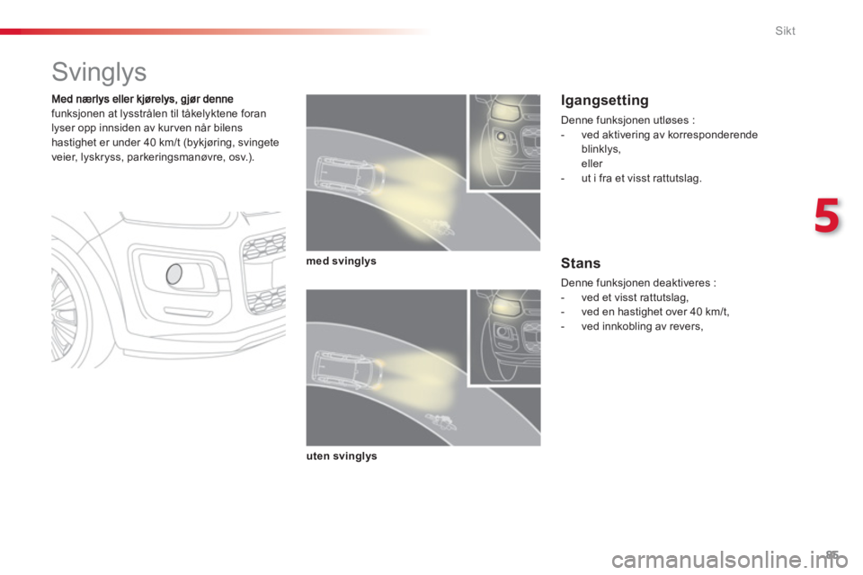 CITROEN C3 PICASSO 2014  InstruksjonsbØker (in Norwegian) 5
Sikt
85
   
 
 
 
 
 
 
 
Svinglys 
funksjonen at lysstrålen til tåkelyktene foran 
lyser opp innsiden av kur ven når bilenshastighet er under 40 km/t (bykjøring, svingete
veier, lyskryss, parke