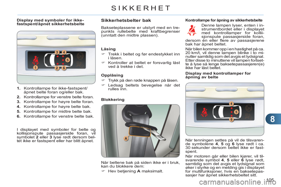 CITROEN C3 PICASSO 2012  InstruksjonsbØker (in Norwegian) 8
105
SIKKERHET
   
 
1. 
  Kontrollampe for ikke-fastspent/
åpnet belte foran og/eller bak. 
   
2. 
  Kontrollampe for venstre belte foran. 
   
3. 
  Kontrollampe for høyre belte foran. 
   
4. 
