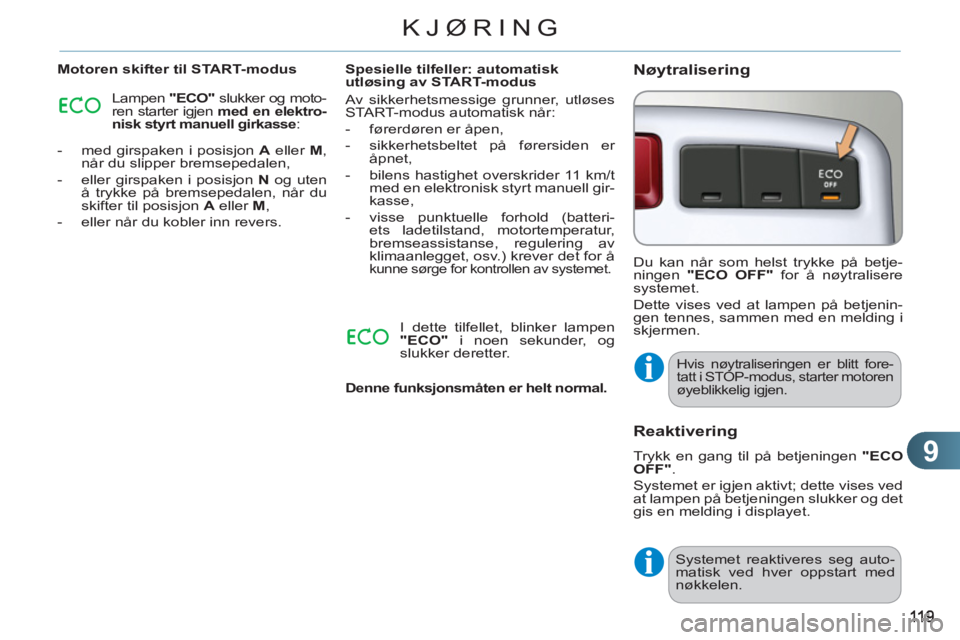 CITROEN C3 PICASSO 2012  InstruksjonsbØker (in Norwegian) 9
KJØRING
   
Motoren skifter til START-modus 
  Lampen  "ECO" 
 slukker og moto-
ren starter igjen  med en elektro-
nisk styrt manuell girkasse 
: 
   
 
-   med girspaken i posisjon  A 
 eller  M 
