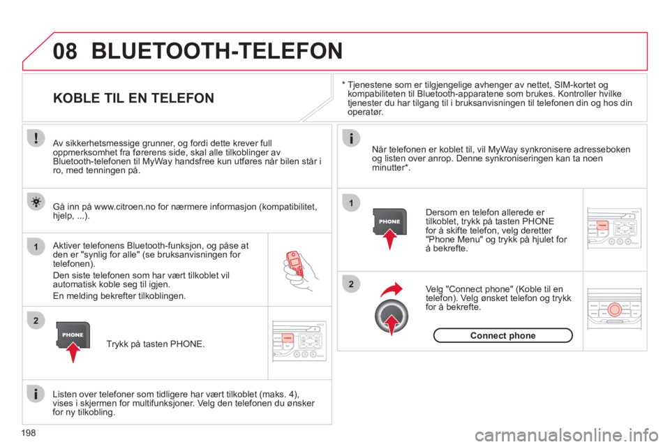 CITROEN C3 PICASSO 2012  InstruksjonsbØker (in Norwegian) 198
08
1
2
2
1
   *   
 
Tjenestene som er tilgjengelige avhenger av nettet, SIM-kortet og 
kompabiliteten til Bluetooth-apparatene som brukes. Kontroller hvilke
tjenester du har tilgang til i bruksan