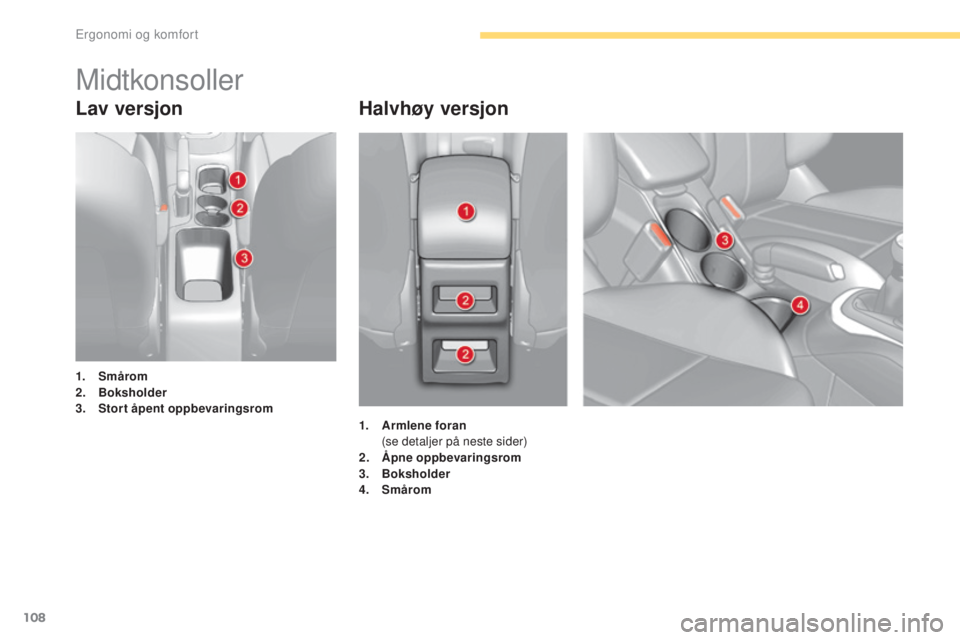 CITROEN C4 2017 InstruksjonsbØker (in Norwegian) 108
C4-2_no_Chap03_ergonomie-et-confort_ed02-2015
Lav versjonHalvhøy versjon
1. Smårom
2. B
oksholder
3.
S
tort åpent oppbevaringsrom
Midtkonsoller
1. Armlene foran (
se detaljer på neste side CITROEN C4 2017 InstruksjonsbØker (in Norwegian) 108
C4-2_no_Chap03_ergonomie-et-confort_ed02-2015
Lav versjonHalvhøy versjon
1. Smårom
2. B
oksholder
3.
S
tort åpent oppbevaringsrom
Midtkonsoller
1. Armlene foran (
se detaljer på neste side