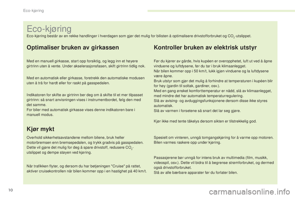 CITROEN C4 2017  InstruksjonsbØker (in Norwegian) 10
C4-2_no_Chap00c_eco-conduite_ed02-2015
Eco-kjøring består av en rekke handlinger i hverdagen som gjør det mulig for bilisten å optimalisere drivstofforbruket og CO2-utslippet.
Optimaliser bruke