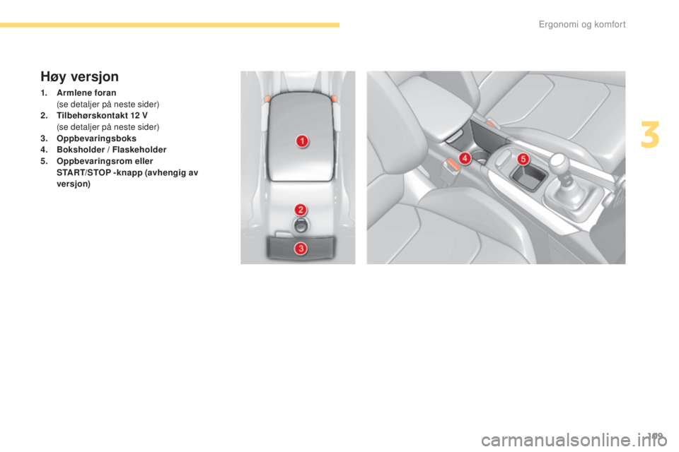 CITROEN C4 2017  InstruksjonsbØker (in Norwegian) 109
C4-2_no_Chap03_ergonomie-et-confort_ed02-2015
Høy versjon
1. Armlene foran  (
se detaljer på neste sider)
2.
 T

ilbehørskontakt 12   V 
 (

se detaljer på neste sider)
3.
 O

ppbevaringsboks
