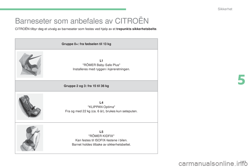 CITROEN C4 2017  InstruksjonsbØker (in Norwegian) 157
C4-2_no_Chap05_securite_ed02-2015
Barneseter som anbefales av CITROËN
Gruppe 0+: fra fødselen til 13 kg
L1
 "

RÖMER Baby-Safe Plus" 
Installeres med ryggen i kjøreretningen.
Gruppe 2
