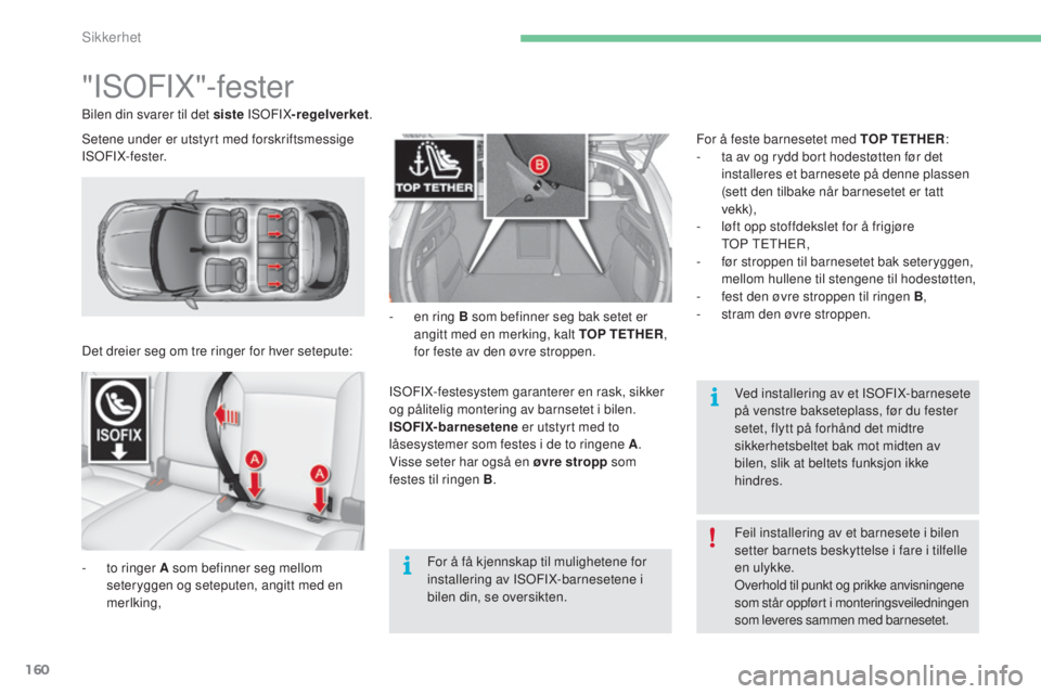 CITROEN C4 2017  InstruksjonsbØker (in Norwegian) 160
C4-2_no_Chap05_securite_ed02-2015
"ISOFIX"-fester
Det dreier seg om tre ringer for hver setepute:
- 
t
 o ringer A som befinner seg mellom 
seteryggen og seteputen, angitt med en 
merlking