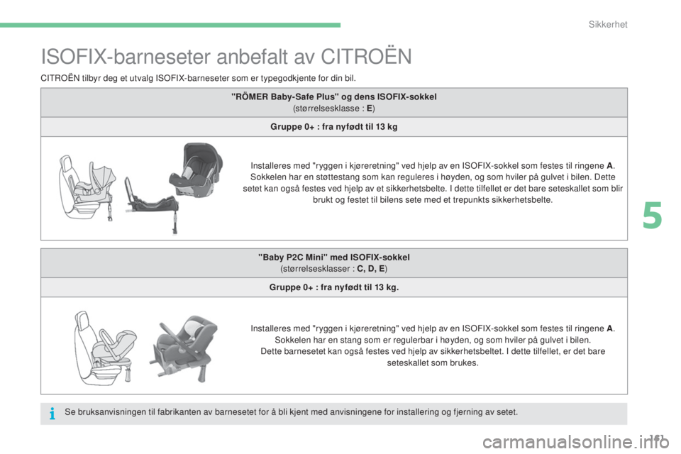 CITROEN C4 2017  InstruksjonsbØker (in Norwegian) 161
C4-2_no_Chap05_securite_ed02-2015
ISOFIX-barneseter anbefalt av CITROËN
CITROËN tilbyr deg et utvalg ISOFIX-barneseter som er typegodkjente for din bil.Se bruksanvisningen til fabrikanten av bar
