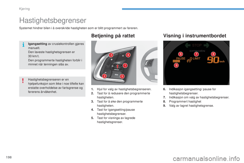 CITROEN C4 2017  InstruksjonsbØker (in Norwegian) 198
C4-2_no_Chap06_conduite_ed02-2015
6. Indikasjon igangsetting/ pause for hastighetsbegrenser.
7.  
 
I
 ndikasjon om valg av hastighetsbegrenser.
8.  
 
P
 rogrammert hastighet
9.
 V

alg av lagret