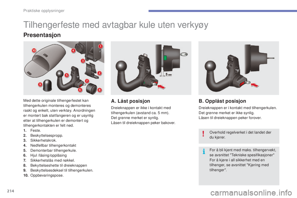 CITROEN C4 2017 InstruksjonsbØker (in Norwegian) 214
C4-2_no_Chap07_infos-pratiques_ed02-2015
Tilhengerfeste med avtagbar kule uten verkyøy
Presentasjon
Med dette originale tilhenger festet kan
tilhengerkulen monteres og demonteres
raskt og enkel CITROEN C4 2017 InstruksjonsbØker (in Norwegian) 214
C4-2_no_Chap07_infos-pratiques_ed02-2015
Tilhengerfeste med avtagbar kule uten verkyøy
Presentasjon
Med dette originale tilhenger festet kan
tilhengerkulen monteres og demonteres
raskt og enkel