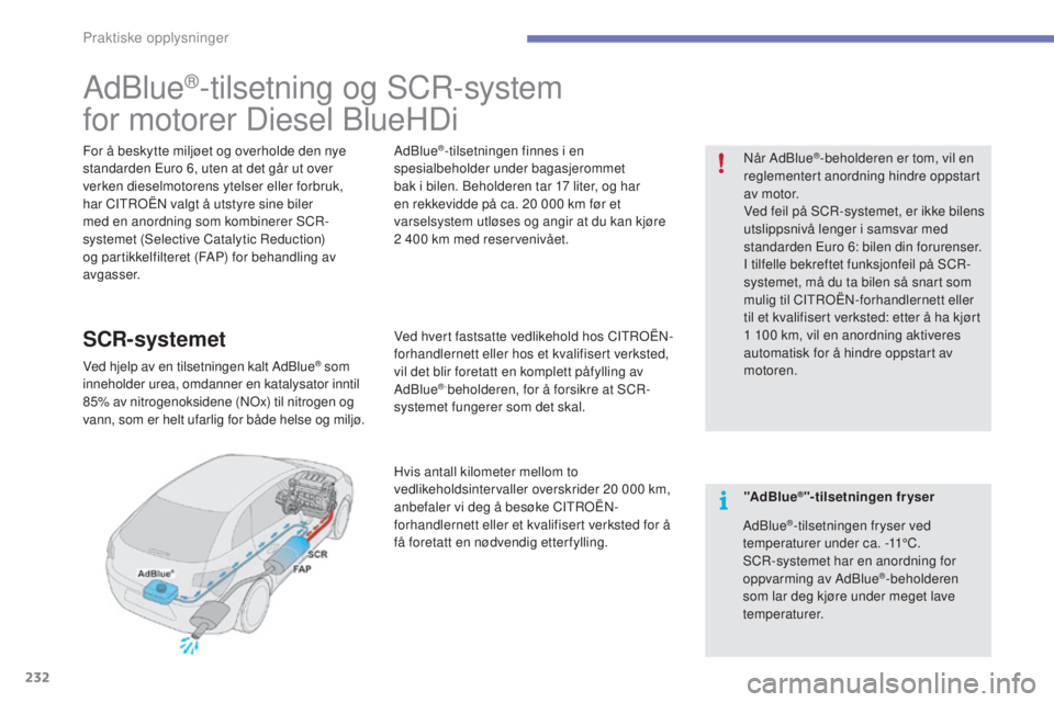 CITROEN C4 2017  InstruksjonsbØker (in Norwegian) 232
C4-2_no_Chap07_infos-pratiques_ed02-2015
AdBlue®-tilsetning og SCR-system
for motorer Diesel BlueHDi
For å beskytte miljøet og overholde den nye 
standarden Euro 6, uten at det går ut over 
ve