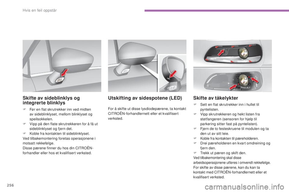 CITROEN C4 2017 InstruksjonsbØker (in Norwegian) 256
C4-2_no_Chap08_en-cas-de-panne_ed02-2015
Skifte av tåkelykter
F Sett en flat skrutrekker inn i hullet til pyntelisten.
F
V
ipp skrutrekkeren og hekt listen fra
støtfangeren (sensoren for hje CITROEN C4 2017 InstruksjonsbØker (in Norwegian) 256
C4-2_no_Chap08_en-cas-de-panne_ed02-2015
Skifte av tåkelykter
F Sett en flat skrutrekker inn i hullet til pyntelisten.
F
V
ipp skrutrekkeren og hekt listen fra
støtfangeren (sensoren for hje