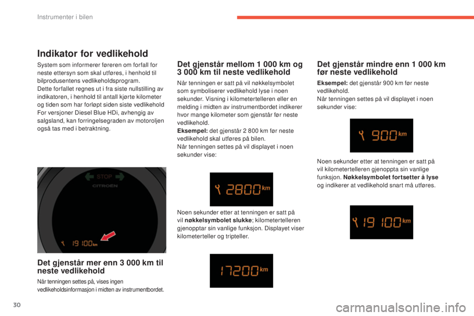 CITROEN C4 2017  InstruksjonsbØker (in Norwegian) 30
C4-2_no_Chap01_instruments-de-bord_ed02-2015
Indikator for vedlikehold
System som informerer føreren om for fall for 
neste ettersyn som skal utføres, i henhold til 
bilprodusentens vedlikeholdsp