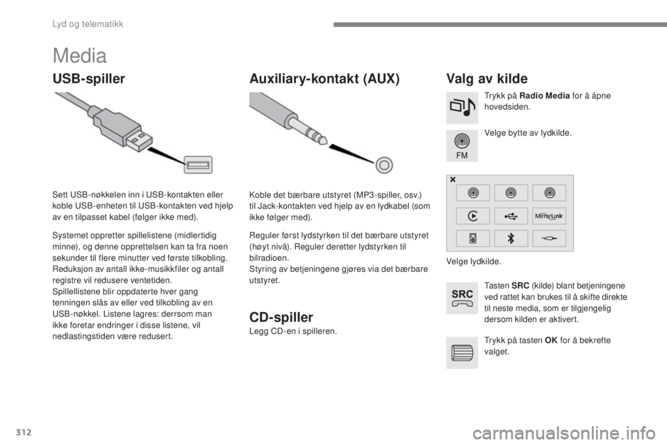 CITROEN C4 2017 InstruksjonsbØker (in Norwegian) 312
C4-2_no_Chap10b_SMEGplus_ed02-2015
Media
USB-spillerValg av kilde
Ta s t e n SRC (kilde) blant betjeningene
ved rattet kan brukes til å skifte direkte
til neste media, som er tilgjengelig
der CITROEN C4 2017 InstruksjonsbØker (in Norwegian) 312
C4-2_no_Chap10b_SMEGplus_ed02-2015
Media
USB-spillerValg av kilde
Ta s t e n SRC (kilde) blant betjeningene
ved rattet kan brukes til å skifte direkte
til neste media, som er tilgjengelig
der