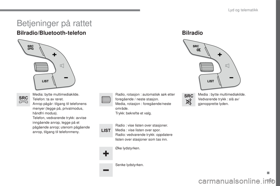 CITROEN C4 2017 InstruksjonsbØker (in Norwegian) 355
C4-2_no_Chap10c_RD5_ed02-2015
Betjeninger på rattet
Bilradio
Bilradio/Bluetooth-telefon
Media: bytte multimediakilde.
Telefon: ta av røret.
Anrop pågår: tilgang til telefonens
menyer (legge p CITROEN C4 2017 InstruksjonsbØker (in Norwegian) 355
C4-2_no_Chap10c_RD5_ed02-2015
Betjeninger på rattet
Bilradio
Bilradio/Bluetooth-telefon
Media: bytte multimediakilde.
Telefon: ta av røret.
Anrop pågår: tilgang til telefonens
menyer (legge p