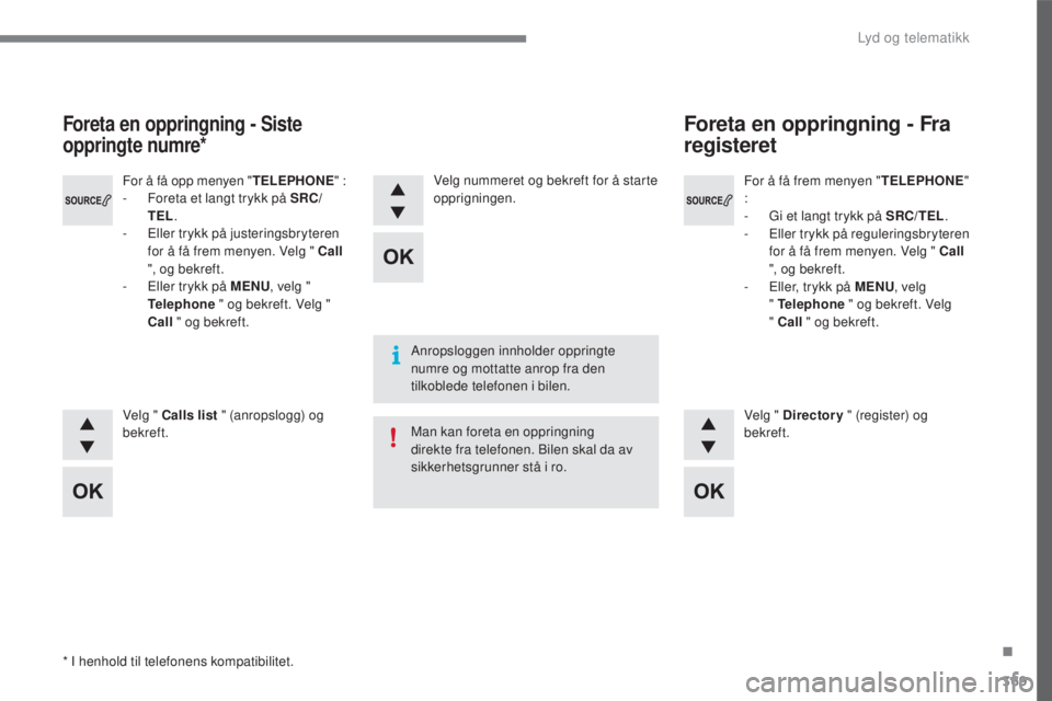 CITROEN C4 2017 InstruksjonsbØker (in Norwegian) 369
C4-2_no_Chap10c_RD5_ed02-2015
For å få frem menyen "TELEPHONE"
:
-
G
i et langt trykk på SRC/TEL .
-
E
ller trykk på reguleringsbryteren
for å få frem menyen. Velg " Call CITROEN C4 2017 InstruksjonsbØker (in Norwegian) 369
C4-2_no_Chap10c_RD5_ed02-2015
For å få frem menyen "TELEPHONE"
:
-
G
i et langt trykk på SRC/TEL .
-
E
ller trykk på reguleringsbryteren
for å få frem menyen. Velg " Call