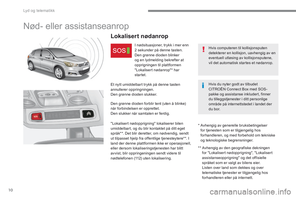 CITROEN C4 2017 InstruksjonsbØker (in Norwegian) Lyd og telematikk
10
C4-2-additif_no_Chap10a_BTA-2_ed02-2015
Nød- eller assistanseanrop
Lokalisert nødanrop
I nødsituasjoner, trykk i mer enn 2 sekunder på CITROEN C4 2017 InstruksjonsbØker (in Norwegian) Lyd og telematikk
10
C4-2-additif_no_Chap10a_BTA-2_ed02-2015
Nød- eller assistanseanrop
Lokalisert nødanrop
I nødsituasjoner, trykk i mer enn 2 sekunder på