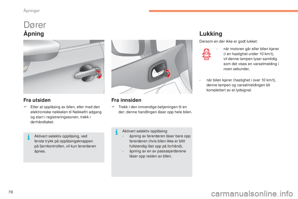 CITROEN C4 2017 InstruksjonsbØker (in Norwegian) 78
C4-2_no_Chap02_ouvertures_ed02-2015
Dører
Ã…pning
Fra utsiden
F Etter at opplåsing av bilen, eller med den elektroniske nøkkelen til Nøkkelfri adgang
og start i registreringssonen, trekk i
dà CITROEN C4 2017 InstruksjonsbØker (in Norwegian) 78
C4-2_no_Chap02_ouvertures_ed02-2015
Dører
Ã…pning
Fra utsiden
F Etter at opplåsing av bilen, eller med den elektroniske nøkkelen til Nøkkelfri adgang
og start i registreringssonen, trekk i
dÃ