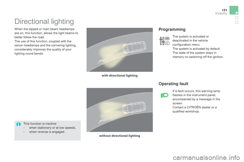 Citroen DS5 HYBRID RHD 2016 1.G Owners Manual 151
When the dipped or main beam headlamps 
are on, this function, allows the light beams to 
better follow the road.
The use of this function, coupled with the 
xenon headlamps and the cornering ligh