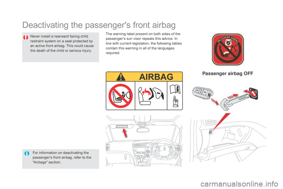 Citroen DS5 HYBRID RHD 2016 1.G Owners Manual Deactivating the passengers front airbag
For information on deactivating the
passengers front airbag, refer to the
"Airbags" section.
Passenger airbag OFF
Never install a rear ward facing child
r Citroen DS5 HYBRID RHD 2016 1.G Owners Manual Deactivating the passengers front airbag
For information on deactivating the
passengers front airbag, refer to the
"Airbags" section.
Passenger airbag OFF
Never install a rear ward facing child
r