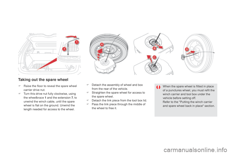 Citroen DS5 HYBRID RHD 2016 1.G Owners Manual Taking out the spare wheel
F Raise the floor to reveal the spare wheel carrier drive nut.
F
 
T
 urn this drive nut fully clockwise, using 
the wheelbrace 1 and the extension 7 , to 
unwind the winch 