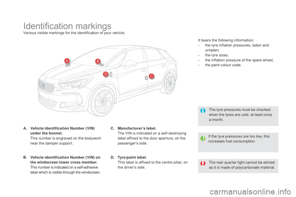 Citroen DS5 HYBRID RHD 2016 1.G Owners Manual Identification markingsVarious visible markings for the identification of your vehicle.
A.
 V
ehicle Identification  n
u
 mber (VI
n)
  
under the bonnet.  
 T

his number is engraved on the bodywork 