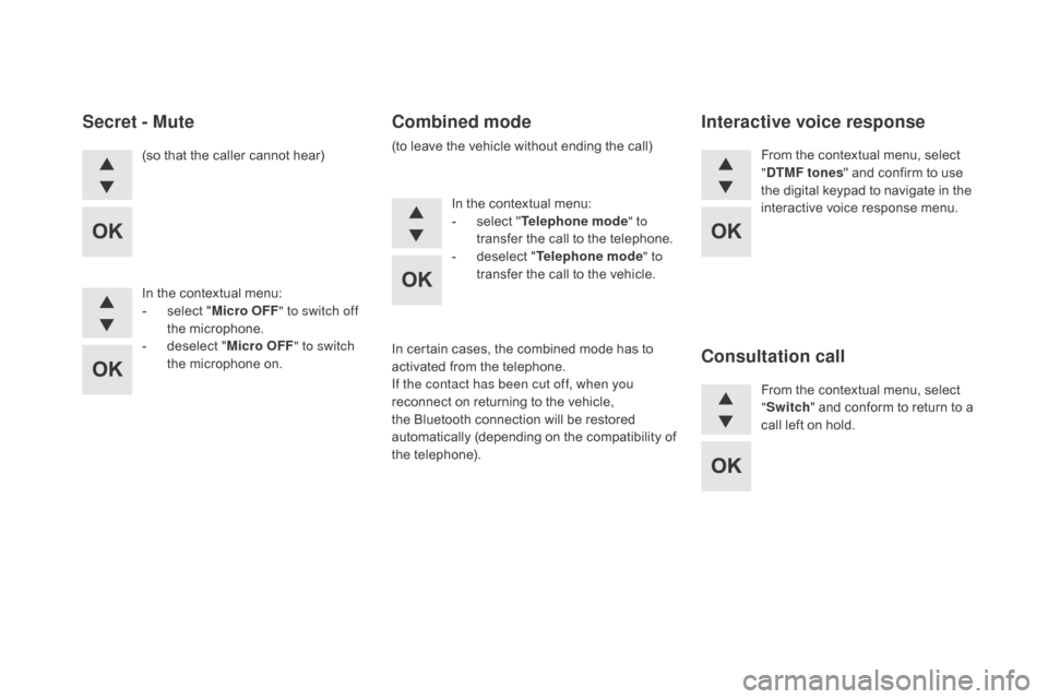 Citroen DS5 HYBRID RHD 2016 1.G Owners Manual (so that the caller cannot hear)
In the contextual menu:
- 
s
 elect " Micro OFF " to switch off 
the microphone.
-
 
d
 eselect " Micro OFF " to switch 
the microphone on. In the contextual menu:
-
 