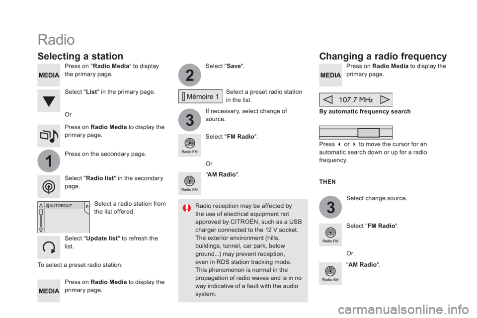 Citroen DS5 HYBRID RHD 2016 1.G Owners Manual 2
3
3
1
Press on " Radio Media
" to display
the primary page.
Press on Radio Media
to display the
primary page.
Select " Save
".
If necessary, select change of
source. Citroen DS5 HYBRID RHD 2016 1.G Owners Manual 2
3
3
1
Press on " Radio Media
" to display
the primary page.
Press on Radio Media
to display the
primary page.
Select " Save
".
If necessary, select change of
source.