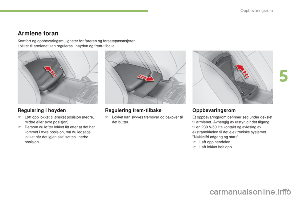 CITROEN C4 2015 InstruksjonsbØker (in Norwegian) 107
C4-2_no_Chap05_amenagement_ed01-2015
C4-2_no_Chap05_amenagement_ed01-2015
Armlene foran
komfort og oppbevaringsmuligheter for føreren og forsetepassasjeren.
Lokket til armlenet kan reguleres i hà CITROEN C4 2015 InstruksjonsbØker (in Norwegian) 107
C4-2_no_Chap05_amenagement_ed01-2015
C4-2_no_Chap05_amenagement_ed01-2015
Armlene foran
komfort og oppbevaringsmuligheter for føreren og forsetepassasjeren.
Lokket til armlenet kan reguleres i hÃ