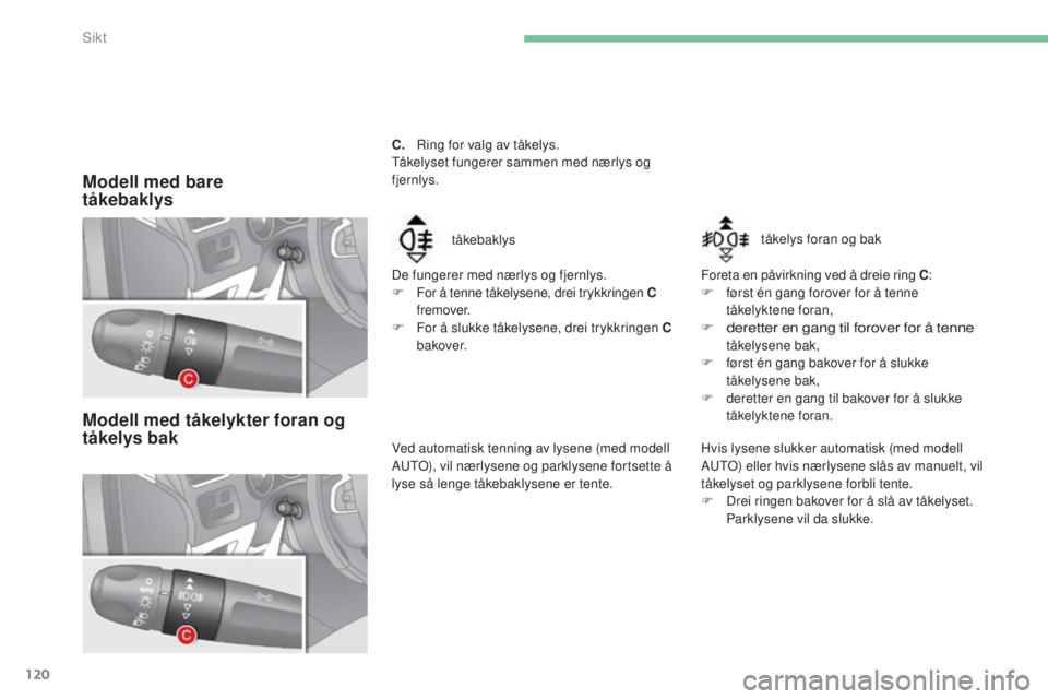 CITROEN C4 2015 InstruksjonsbØker (in Norwegian) 120
C4-2_no_Chap06_visibilite_ed01-2015
C4-2_no_Chap06_visibilite_ed01-2015
C. ring for valg av tåkelys.tåkelyset fungerer sammen med nærlys og
fjernlys.
De fungerer med nærlys og fjernlys.
F
F CITROEN C4 2015 InstruksjonsbØker (in Norwegian) 120
C4-2_no_Chap06_visibilite_ed01-2015
C4-2_no_Chap06_visibilite_ed01-2015
C. ring for valg av tåkelys.tåkelyset fungerer sammen med nærlys og
fjernlys.
De fungerer med nærlys og fjernlys.
F
F