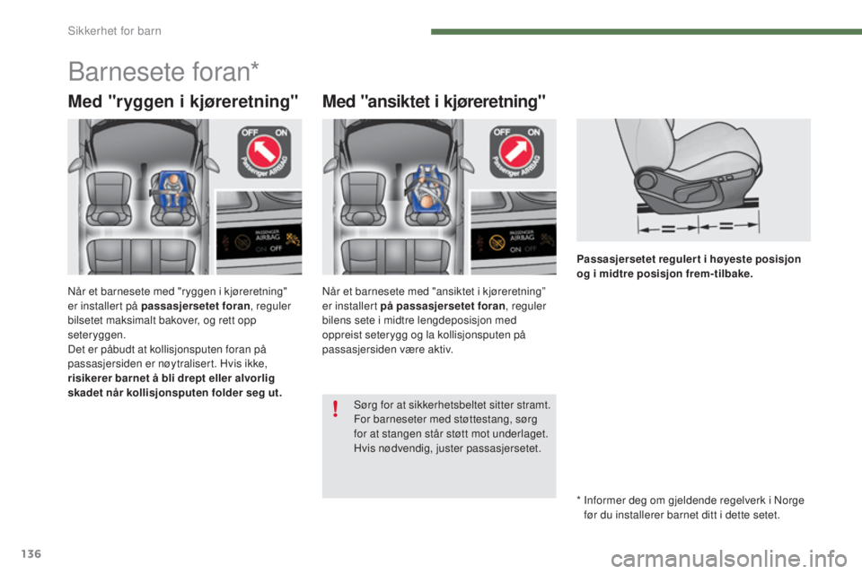 CITROEN C4 2015 InstruksjonsbØker (in Norwegian) 136
C4-2_no_Chap07_securite-enfants_ed01-2015
C4-2_no_Chap07_securite-enfants_ed01-2015
Passasjersetet regulert i høyeste posisjon
og i midtre posisjon frem-tilbake.
barnesete foran*
Med "ryggen CITROEN C4 2015 InstruksjonsbØker (in Norwegian) 136
C4-2_no_Chap07_securite-enfants_ed01-2015
C4-2_no_Chap07_securite-enfants_ed01-2015
Passasjersetet regulert i høyeste posisjon
og i midtre posisjon frem-tilbake.
barnesete foran*
Med "ryggen