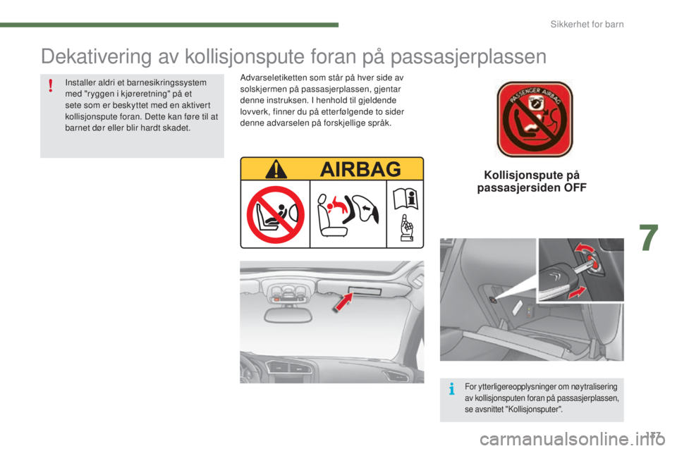 CITROEN C4 2015 InstruksjonsbØker (in Norwegian) 137
C4-2_no_Chap07_securite-enfants_ed01-2015
C4-2_no_Chap07_securite-enfants_ed01-2015
Kollisjonspute på
passasjersiden OFF
Dekativering av kollisjonspute foran på passasjerplassen
Advarseletiket CITROEN C4 2015 InstruksjonsbØker (in Norwegian) 137
C4-2_no_Chap07_securite-enfants_ed01-2015
C4-2_no_Chap07_securite-enfants_ed01-2015
Kollisjonspute på
passasjersiden OFF
Dekativering av kollisjonspute foran på passasjerplassen
Advarseletiket