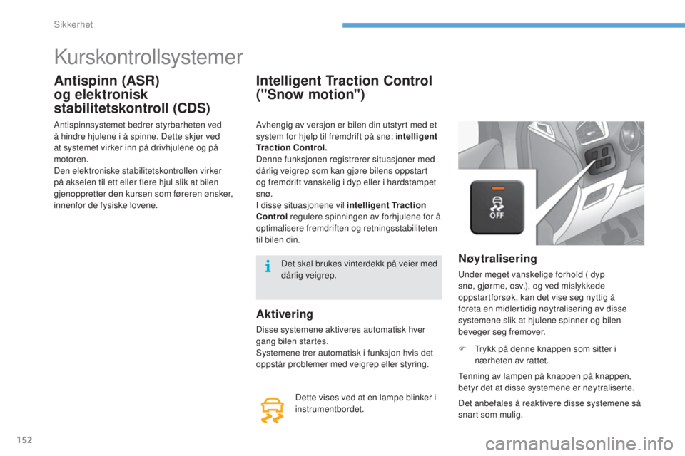 CITROEN C4 2015 InstruksjonsbØker (in Norwegian) 152
C4-2_no_Chap08_securite_ed01-2015
C4-2_no_Chap08_securite_ed01-2015
kurskontrollsystemer
Antispinn (ASR)
og elektronisk
stabilitetskontroll (CDS)
Antispinnsystemet bedrer styrbarheten ved
å hi CITROEN C4 2015 InstruksjonsbØker (in Norwegian) 152
C4-2_no_Chap08_securite_ed01-2015
C4-2_no_Chap08_securite_ed01-2015
kurskontrollsystemer
Antispinn (ASR)
og elektronisk
stabilitetskontroll (CDS)
Antispinnsystemet bedrer styrbarheten ved
å hi