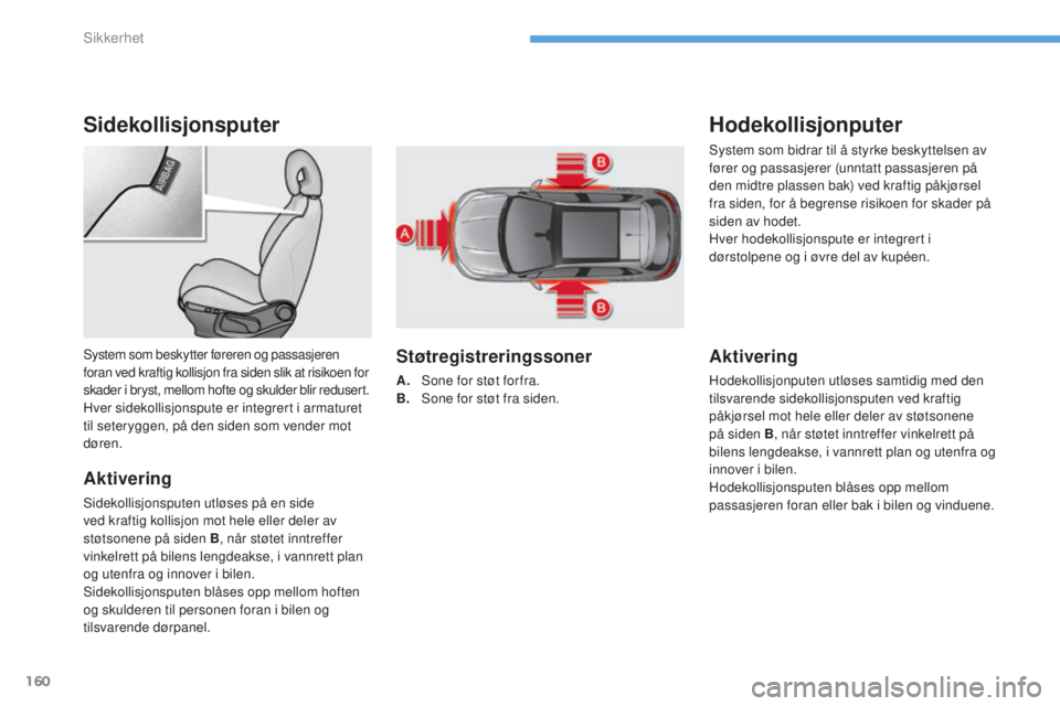 CITROEN C4 2015 InstruksjonsbØker (in Norwegian) 160
C4-2_no_Chap08_securite_ed01-2015
C4-2_no_Chap08_securite_ed01-2015
Sidekollisjonsputer
Aktivering
sidekollisjonsputen utløses på en side
ved kraftig kollisjon mot hele eller deler av
støtson CITROEN C4 2015 InstruksjonsbØker (in Norwegian) 160
C4-2_no_Chap08_securite_ed01-2015
C4-2_no_Chap08_securite_ed01-2015
Sidekollisjonsputer
Aktivering
sidekollisjonsputen utløses på en side
ved kraftig kollisjon mot hele eller deler av
støtson