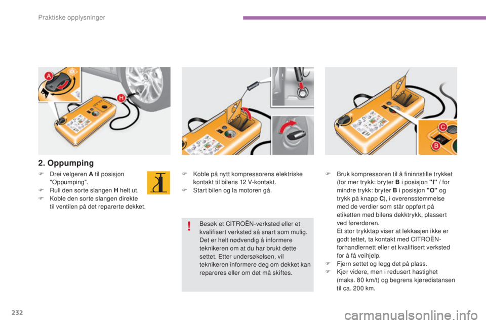 CITROEN C4 2015 InstruksjonsbØker (in Norwegian) 232
C4-2_no_Chap11_info-pratique_ed01-2015
C4-2_no_Chap11_info-pratique_ed01-2015
F koble på nytt kompressorens elektriske kontakt til bilens 12 V-kontakt.
F
s
t
art bilen og la motoren gå.
F
CITROEN C4 2015 InstruksjonsbØker (in Norwegian) 232
C4-2_no_Chap11_info-pratique_ed01-2015
C4-2_no_Chap11_info-pratique_ed01-2015
F koble på nytt kompressorens elektriske kontakt til bilens 12 V-kontakt.
F
s
t
art bilen og la motoren gå.
F