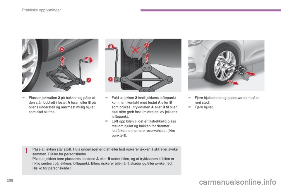 CITROEN C4 2015 InstruksjonsbØker (in Norwegian) 238
C4-2_no_Chap11_info-pratique_ed01-2015
C4-2_no_Chap11_info-pratique_ed01-2015
F Plasser jekksålen 2 på bakken og påse at
den står loddrett i festet A foran eller B på
bilens understell og CITROEN C4 2015 InstruksjonsbØker (in Norwegian) 238
C4-2_no_Chap11_info-pratique_ed01-2015
C4-2_no_Chap11_info-pratique_ed01-2015
F Plasser jekksålen 2 på bakken og påse at
den står loddrett i festet A foran eller B på
bilens understell og